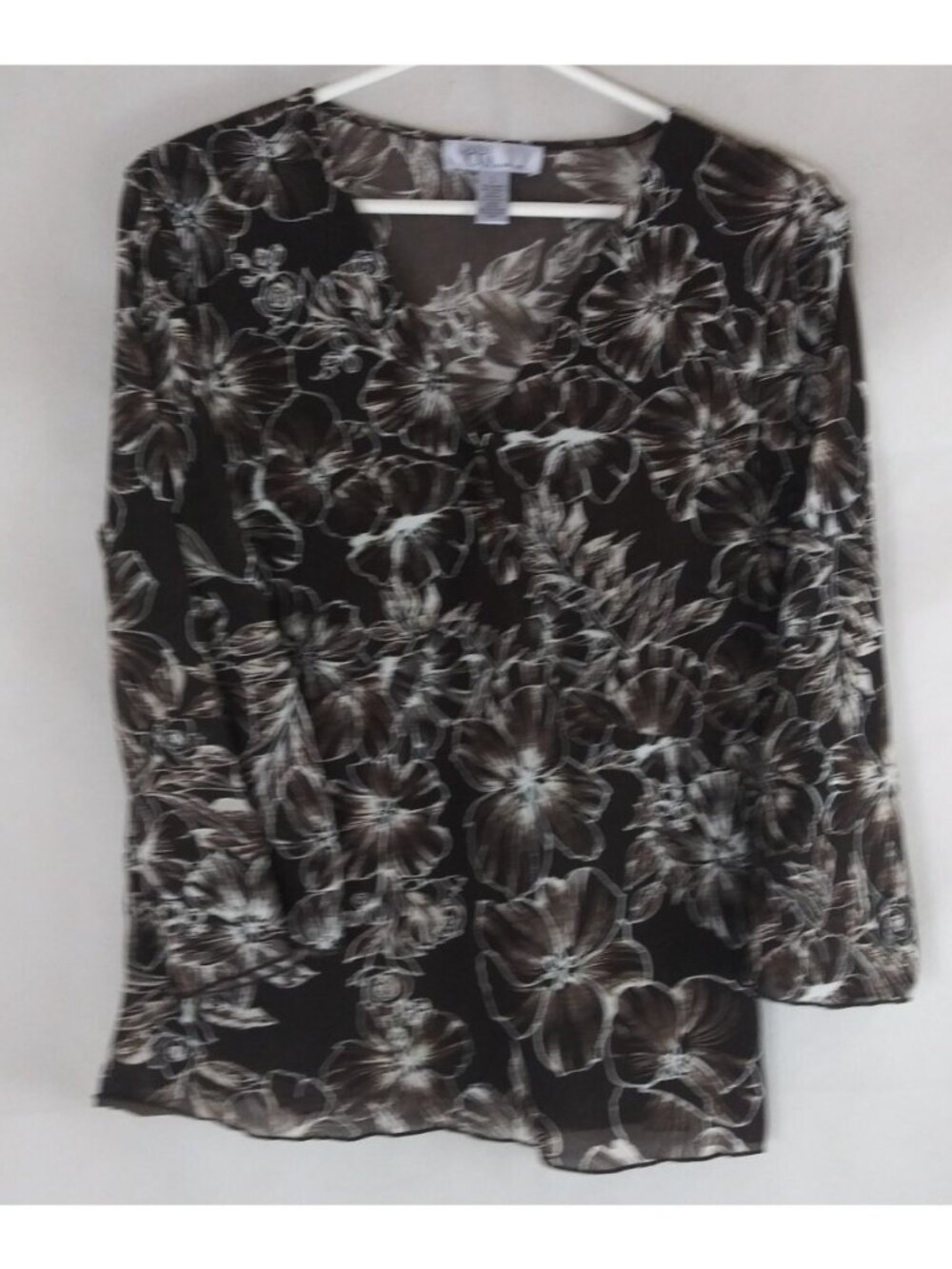 Nine & Co Women's Chocolate Brown Floral 3/4 Sleeve V-Neck Blouse Size Large